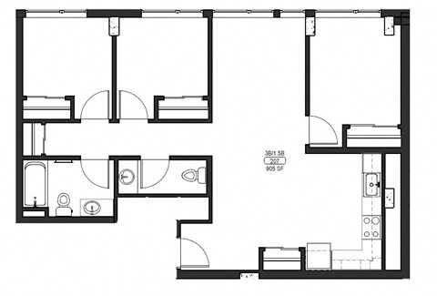 Floor plan for 3 beds, 1.5 baths, 905 sqft